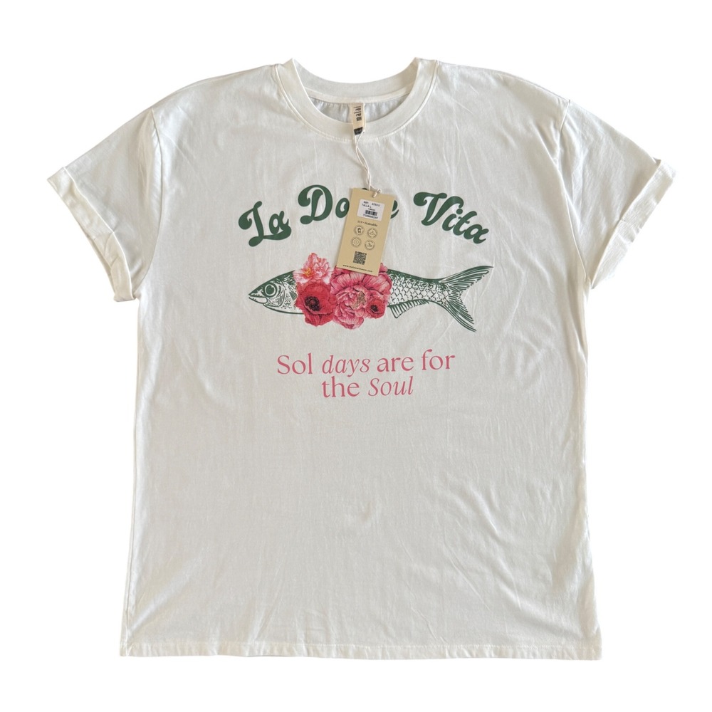 NWT Malai Anthropologie La Dolce Vita Graphic Tee White - Women's Large - Picture 1 of 7